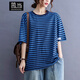 簡(jiǎn)當（JIANDANG）夏裝新款胖MM加大碼女裝圓領(lǐng)條紋短袖T恤寬松休閑打底上衣女1329 藍色 XL 【160-175斤】