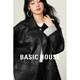 Basic House/百家好韓系條紋拼接PU皮外套春季復古翻領(lǐng)夾克上衣女 黑色 L