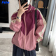 FSHE拼色薄外套女2025春夏秋新款戶外穿寬松連帽拉鏈夾克外套女上衣 粉色 S 建議85-100斤