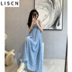 LISCN吊帶裙夏季2-300斤胖MM大碼法式小眾連衣裙氣質(zhì)海邊度假沙灘裙子 顯白藍(lán) L 100-120斤