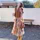 桂雪格城市游牧風(fēng)穿搭連衣裙套裝女2025春季新款復古馬甲碎花長(cháng)裙兩件套 橘色花(兩件套） XL （125-145斤）