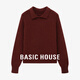 百家好（Basic House）Basic House/百家好紅色翻領(lǐng)毛衣春季新款氣質(zhì)泡泡袖套頭短款上衣 紅色 L
