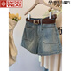 SNYDER WEAR梨形身材復古藍牛仔短褲女秋大碼胖mm小個(gè)子高腰顯瘦a字闊腿熱褲 水洗藍 S 建議80-90斤