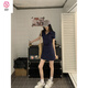 真即韓版運(yùn)動(dòng)風(fēng)Polo領(lǐng)刺繡連衣裙女夏季2025新款褶皺收腰顯瘦短袖裙子 藏青色短款 M
