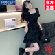 莫代爾韓版連衣裙女2025夏季抽繩設(shè)計(jì)感收腰顯瘦百搭荷葉邊泡泡袖短裙子 黑色短裙 M 建議90-100斤