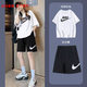 耐克（NIKE）官方艦店 女裝運(yùn)動(dòng)套裝夏新款休閑舒適透氣印花短袖T恤五分褲短褲 DX7907-100單件短袖 M