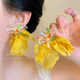 京蔻迪度假風(fēng)黃色花朵布藝耳釘女海邊彩色顯臉小耳環(huán)耳墜夸張個性耳飾品 夏日黃色度假風(fēng)銀針