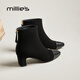 妙麗真皮短靴女粗跟高跟女鞋冬季加絨瘦瘦靴媽媽鞋女小個(gè)子增高踝靴 黑色 38
