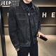 JEEP SPIRIT男士牛仔外套男春秋新款帥氣刺繡牛仔衣修身夾克春秋季外套 黑灰色 高品質(zhì) 151-165斤 3XL