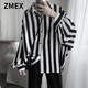 ZMEX長袖襯衫男春秋韓版原宿bf風(fēng)復(fù)古暗黑ins寬松嘻哈情侶學(xué)生襯衣男 黑白粗條紋黑襯衫 M[110斤以下穿]