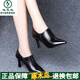啄木鳥軟皮女靴短靴高跟鞋女士黑色英倫風尖頭及踝筒時尚百搭細跟小皮鞋 黑色皮面 35