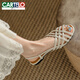 卡帝樂(lè )鱷魚(yú)（CARTELO）真皮羅馬編織涼鞋女秋季平底軟底法式復古女款白色低跟鏤空魚(yú)嘴 米白色 34