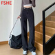 FSHE煙灰色加絨加厚牛仔褲女高腰顯瘦2025冬季新款保暖寬松闊腿直筒褲 黑灰色[不加絨] L [106-118]