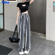FSHE黑白條紋百褶闊腿褲女高腰顯瘦垂感直筒褲子寬松百搭休閑拖地褲長 黑白條紋 [褶皺褲] S [建議80-100斤]