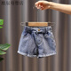 葉余女童牛仔短褲夏裝2024新款夏季兒童褲子韓版中大 21款-藍色卷邊短褲 160