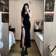 妙奕嘉黑色連衣裙女新款裙子夏季女裝修身吊帶連衣裙衣服女裝長裙包臀裙 辣妹包臀裙高開叉長裙 【黑色】 XL 【建議115-125斤】