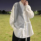 POUM 韓版高級感拼接假兩件長(cháng)袖襯衫男士潮流bf痞帥個(gè)性百搭休閑襯衣 JCF-C216白色 XL