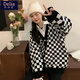 矜持范學(xué)院風(fēng)V領(lǐng)格子情侶毛衣外套女學(xué)生秋冬外穿寬松慵懶復(fù)古針織開(kāi)衫 黑色開(kāi)衫 XL (關(guān)注店鋪送小禮物)