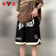 雅鹿短褲夏季男美式復古寬松籃球褲子冰絲薄款五分褲高街痞帥潮牌中褲 K032黑色 XL 【建議體重110-140斤】