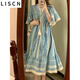 LISCN波西米亞連衣裙女夏季海邊度假風(fēng)藍色v領(lǐng)刺繡氛圍感收腰沙灘長(cháng)裙 藍色 M
