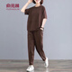 俞兆林（YUZHAOLIN）媽媽裝中老年夏春秋運動(dòng)服兩件套純色寬松大碼200斤時(shí)尚休閑套裝 咖啡色（夏款） 2XL 建議120-140斤