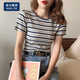 棉致條紋短袖t恤女夏季新款撞色ins潮高腰顯瘦短款上衣 白藍(lán)條紋 XL 106-115斤