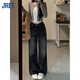 Jret黑灰色直筒牛仔褲女小個(gè)子美式復(fù)古高腰顯瘦寬松垂感闊腿拖地長褲 黑灰色 常規(guī) S