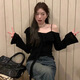 妙奕嘉木耳邊打底衫女春秋黑色長袖t恤女緊身修身純欲上衣辣妹斜肩露肩 黑色荷葉邊露肩打底衫 L 【約95-115斤】