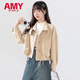 愛(ài)麥依2026春秋季新款翻領(lǐng)抽繩短款外套女學(xué)生寬松小個(gè)子夾克上衣潮 卡其外套 S 95斤以下