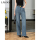 LAGOGO高腰顯瘦流行牛仔褲女拉谷谷2025年春季新款撞色口袋直筒褲 淺牛仔藍 L