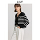 LILY2025春新款撞色條紋圓領(lǐng)正肩休閑通勤百搭毛衣針織開衫外套女 510黑 L
