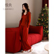 悅內帶胸墊睡衣女春秋季秋款長(cháng)袖純棉家居服新婚大紅色本命年三件套裝 B22433復古紅【帶胸墊-三件套】 M (160) 【體重90-110斤】