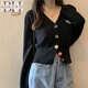 半繪2025新款春秋針織開衫女韓版短款V領(lǐng)內(nèi)搭長袖薄款毛衣外套外搭 黑色 S