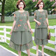 俞兆林（YUZHAOLIN）中年媽媽夏裝新款套裝洋氣雪紡衫50歲60中老年女裝短袖上衣兩件套 豆綠色套裝 3XL [建議120-130斤]