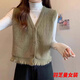 顧夕岑秋裝毛衣馬甲針織開(kāi)衫女2024春秋新款木耳邊短款背心外搭毛線(xiàn)馬夾 綠色馬甲 L 105-115斤