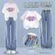 優(yōu)優(yōu)1點(diǎn)（Yoyo one）女童夏季套裝2025新款中大童洋氣韓版夏裝兒童女孩休閑短袖兩件套 13115藍(lán)色+9981白色【天絲套裝】 150 150cm