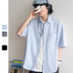 Homlean日系純色短袖襯衫t恤男春夏寬松休閑百搭透氣衣服LS01藍(lán)色L