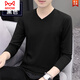 貓人（MiiOW）秋衣長(cháng)袖T恤男士純棉潮流v領(lǐng)春秋純色簡(jiǎn)約上衣打底衫薄款保暖內衣 1001黑色 3XL 建 議：(160-175斤)
