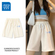 真維斯（JEANSWEST）黑色純棉休閑運動(dòng)短褲女款夏季外穿2025新款女士寬松百搭五分褲子 米色 漸層藍條_K M