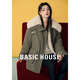 Basic House/百家好毛毛翻領(lǐng)軍綠色棉服冬季保暖中長(cháng)款棉衣外套女 軍綠 L