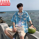肯奈迪襯衫夏季男休閑襯衫提花短袖男襯衣花襯衫夏威夷寬松沙灘度假外套 藍色-花朵-襯衫 2XL 【170CM-180CM】
