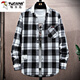 啄木鳥(niǎo)格子襯衫男秋季潮牌初中高中學(xué)生外套休閑寬松青少年翻領(lǐng)長(cháng)袖襯衣 F15黑色 2XL