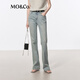 MO&Co.2025夏新品設計感棉質微彈淺藍色微喇拖地牛仔褲MBD2JENK01moco 牛仔藍色 S /S