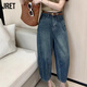Jret深藍(lán)哈倫牛仔褲女夏高腰顯瘦寬松九分褲小個(gè)子闊腿香蕉褲奶奶潮褲 藍(lán)色 (不配腰帶) XL (建議115-125斤)