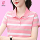 緣夢(mèng)韻條紋短袖t恤女士翻領(lǐng)2025新款夏中年媽媽有領(lǐng)上衣帶領(lǐng)polo衫 粉灰條 2XL