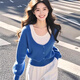 藍色假兩件針織衫女寬松慵懶秋季2025新款女裝韓系上衣洋氣毛衣女 藍色 均碼