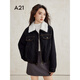 A21女裝牛仔外套冬季新款可拆卸毛領(lǐng)寬松短外套長(cháng)袖翻領(lǐng)上衣 黑色 L