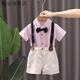 葉余男童夏裝西裝寶寶周歲帥氣禮服夏季六一衣服嬰幼兒生日紳士套裝潮 紅色小紳士套裝 120 建議身高105-115