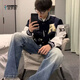 逐夢顏（ZHUMENGYAN）夾克外套男潮牌毛巾繡字母棒球服上衣男女春裝復古寬松潮流情侶裝 藏青色 L