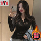 雅鹿低領(lǐng)蕾絲打底衫女內搭秋冬加絨加厚2025新款秋季洋氣v領(lǐng)網(wǎng)紗上衣 黑色加絨 S